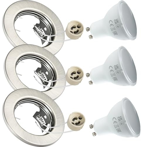 JungesLicht 3er Set Einbaustrahler GU10 230V 7,5W 580Lumen LED Leuchtmittel warmweiß 3000K, Außen 80mm, Bohrdurchmesser 55-68mm passend, Einbautiefe mind. 60mm, 3x Deckenspot mit Leuchten & Fassung
