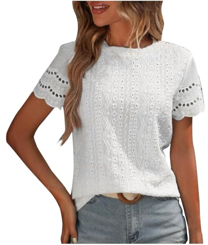 Lovraj Camicetta da donna in cotone, con scollo rotondo, traspirante, ricamo, elegante, camicetta estiva da donna, tinta unita, per il tempo libero e la vita quotidiana, bianco, L