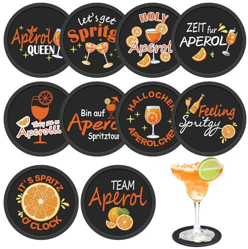10 Stück Aperol Untersetzer, 10cm Lustige Getränkeuntersetzer mit Sprüchen, Silikon Glasuntersetzer, Rund Untersetzer rutschfest, Geschenk für Aperol Liebhaber Tischdeko Mottoparty Karneval