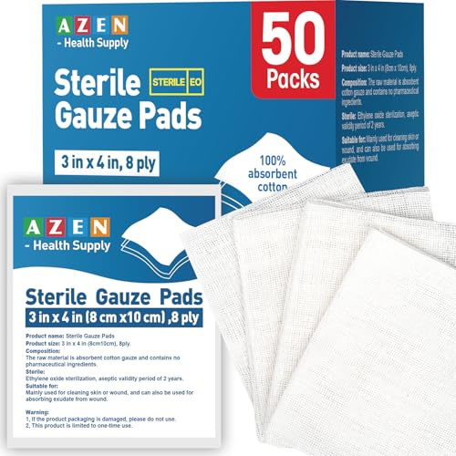AZEN 50 Pack Sterile Gauze Pads, 3 x 4 Non Stick Gauze Pads, 8-Ply Cotton Gauze Sponges for Wound Care and First Aid, Highly Absorbent Individually Wrapped Medical Gauzes