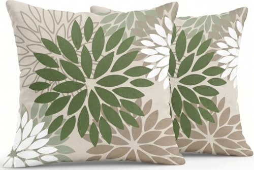 JANGYUHH Kissenbezug 40x40 cm Modern Dahlien Dekokissen Zweiseitiges Muster Grün Grau Blumen Sofakissen Outdoor Kissen Leinen Kissenbezüge Dekorative für Sofa Garten Wohnzimmer Bett 2er Set
