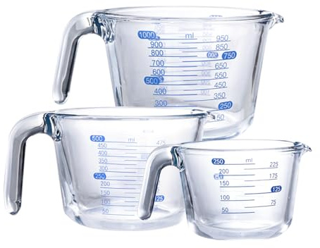 pantrytine Verre Doseur Cuisine - Verre Mesureur - (250ml, 500ml, 1000ml) - Broc Mesureur en Verre(Transparent)