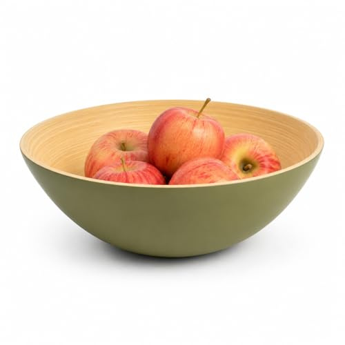 TONKING Handcrafted 25cm Bamboo Serving Bowl – Wooden Bowl for Fruit, Salad, Vegetables – Eco-Friendly & Stylish Tableware Olive Green M