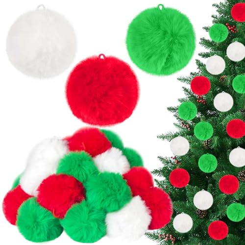 succulentlovers 2.7 IN 33PCS Christmas Yarn Pompom Balls, Large Red Green White Fuzzy Fluffy Pom Pom Balls, Big Faux Fur Pompoms Plush Puff Ball for Christmas Ornaments DIY Handmade Crafts Party Decor