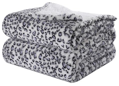 Centhermy Soft Comfort Cotton Fleece Blanket 150×200cm, Warm & Skin-Friendly Double Size Blanket for Sofa, Bed or Office, Machine Washable, leopard print Blue & White