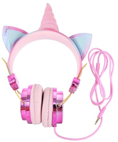 Yardenfun Unicorn Cat Ear Headset with Rhinestone Decoration, Wired 3.5mm Gaming Headphones with Microphone for Office and Cellphone, Rose Gold Over-ear Headphones for Anime Fans