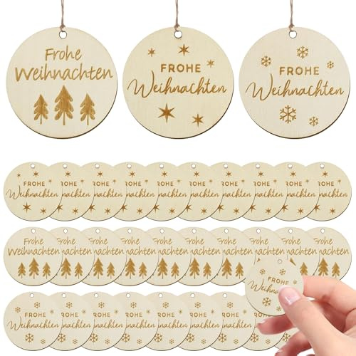 TECHEEL 30 Stück Holz Geschenkanhänger Frohe Weihnachten Holzanhänger Weihnachtsanhänger Rund Holz Geschenkanhänger Weihnachten Holzanhänger Christbaumschmuck Holzs für Weihnachtsdeko