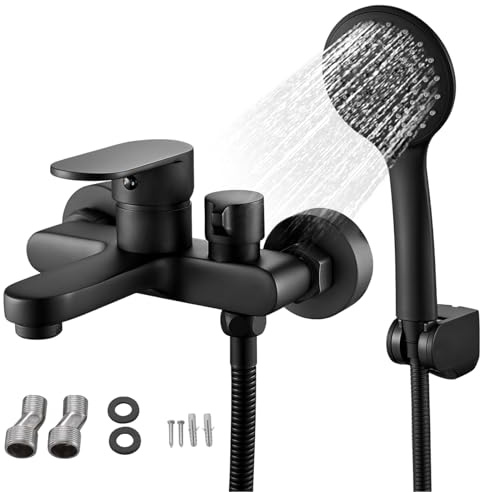 Robinet Baignoire avec Douchette, Mitigeur de Bain Noir, Mitigeur pour Salle de Bains en Laiton, Robinet Douche Mural avec Tuyau en PVC de 1,5 m