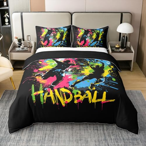 Homewish Handball Baumwolle Bettbezug für Kinder Farbenfroher Splatter Kunst Bettwäsche 135x200cm Athleten Silhouetten Bettwäscheset Sportbegeisterte Handball-Fans Bettset Zimmerdekor 2 Teilig Weich