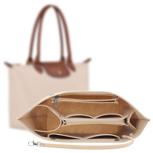 AIDUCHO Taschen Organizer für Longchamp, Damen Handtaschen Taschenorganizer aus Filz, mit Mehreren Taschen, Innentasche für Handtaschen für Longchamp, Taschen Großes Volumen Einsatz (Beige, L)