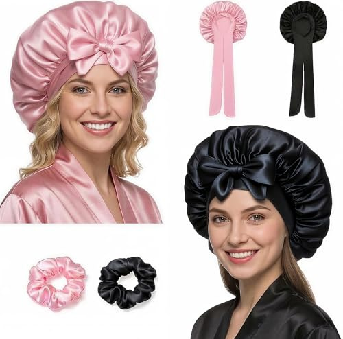 Satin Seidenhaube zum Schlafen in Seidenoptik, Verstellbare Haarhaube für die Nacht für Lockiges und Lange Haare, Bonnet Sleep Cap, Bonnet Seide Schwarz und Rosa