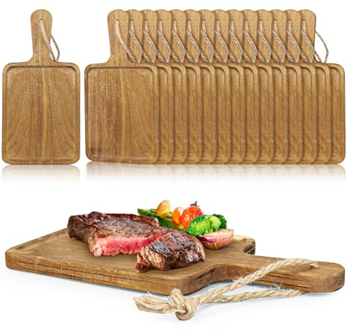 16 Pack Cutting Boards with Handles, Acacia Wood Chopping Platters | Raised Edges; Ergonomic Handle with Hanging String; Reversible Double-Sided Use; Great for Charcuterie, Cheese, Pizza Serving