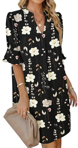 AUSELILY Vestito Donna Elegante Estivo Copricostume Donna Mare Scollo a V Maniche Corte Abito Leggero Arioso Casual Spiaggia Vestito con Tasche Nero Floreale Giallo M