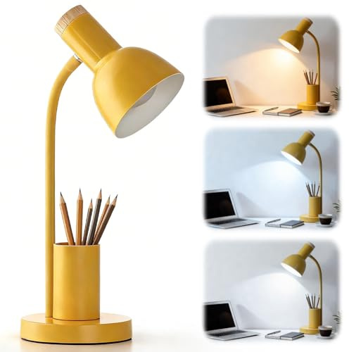 CEWROM LED Schreibtischlampe mit Stifthalter, Schreibtischlampe Kinder, 3 Farbmodi Leselicht Flexible Schwanenhals-Metall-Studienlampe, Augenschutz Tischlampen für Zuhause Büro Schlafsaal (Gelb)