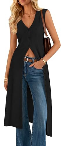 ZESICA Women's Sleeveless Long Cardigan Sweaters 2026 Summer V Neck Oversized Button Down Casual Knit Midi Dress Black Large
