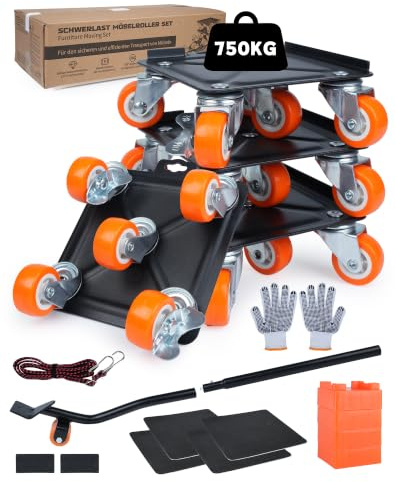 Möbeltransportrollen Set inkl. 4 Möbelrollen Schwerlast und 1 Lastenheber 5-Rollen-Design & 100% Kohlenstoffstahl Möbelroller Transportroller für Umzug, Sofa, Schrank, Tragkraft bis 750 kg