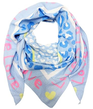 XL Dreieck Strickschal Herz Leopard Frühling Schal 100% Baumwolle Made in Italy Fashion Tuch Dreieckschal Stola Herbst Frühling Tuch Leo Love is Love Happy (26f-Love-Hellblau)