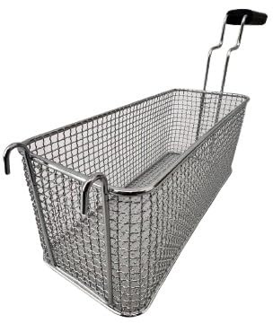 FCR0146 – Cesta fabricada en Italia para freidora profesional con ganchos. Medidas: 120 x 300 x 120 mm. De acero cromado. Cesta freidora de acero. Código: FCR0146