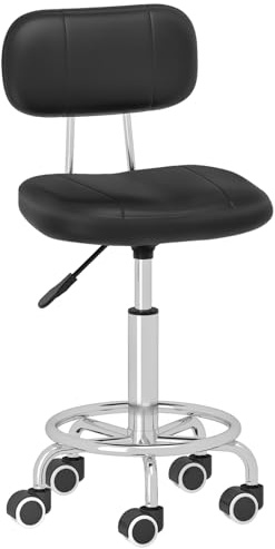 HOOBRO Höhenverstellbarer Rollhocker, Drehhocker, Barhocker, Hocker | Bürohocker mit Rückenlehne und Fußstütze, Zeichenhocker, für Kosmetikstudios Friseursalons, Schwarz und Silber