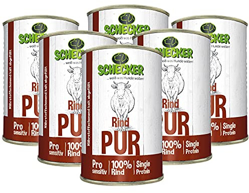 Schecker Nassfutter 100% Rind PUR Hundefutter, 6 x 410 g | getreidefrei, glutenfrei, ohne Zusatzstoffe