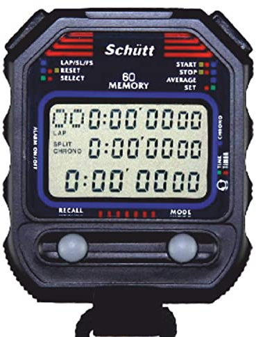 SCHÜTT Stoppuhr PC-90 (60 Memory Speicher | Uhrzeit & Datum | Dualtimer) - Digital Profi Stoppuhr mit Druckpunktmechanik | spritzwasserfest | Trainer