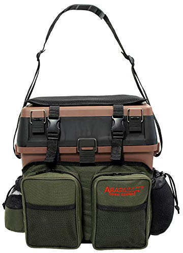 Sitzkiepe Angelbox Rucksack mit 4 Tackleboxen - Gerätekasten mit Sitzpolster, Rucksackfunktion & Stauraum für Angelzubehör - Braun/Grün