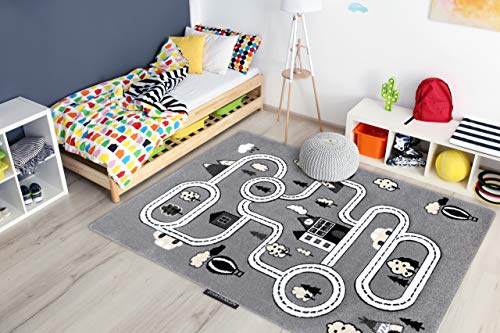 rugsx Kinderteppich Petit für Babyzimmer, Spielteppiche, Kinderzimmer, Town Stadt STRAßEN grau 80x150 cm