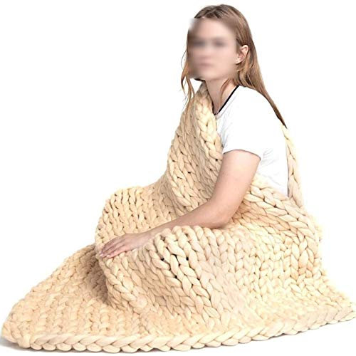 ZFF Decke Gestrickte Handgefertigt Riese Klobig Grobe Strickdecke Wolle Garn Decke Sofa Stuhl Super Große Stricken Sperrig Zuhause Dekor Einfache Wäsche (Color : Beige, Size : 71×80in(180×200cm))