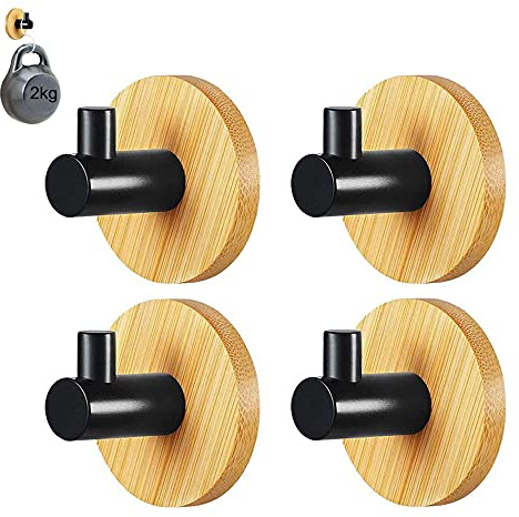 XYJJ 4 Stück Kleiderhaken, Ohne Bohren - Handtuchhaken, zum Aufhängen von Mantel, Gürtel, Schlüssel, Headset, Schwarz, Holzfarbe
