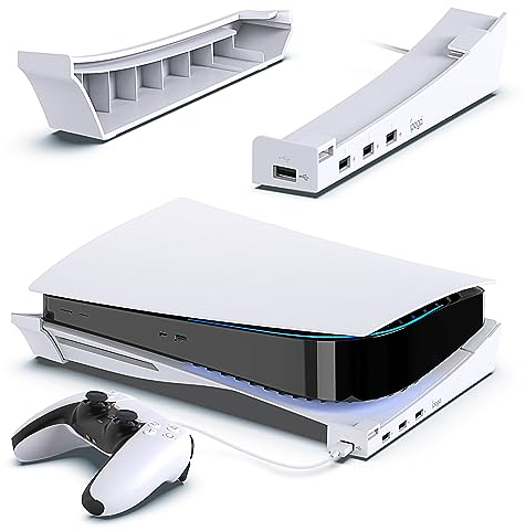 FYOUNG - Soporte Horizontal Compatible con PS5 Consola Disc & Digital Editions con Puerto USB extendido, Base de Soporte para Accesorios de Soporte Playstation 5 con MADS Antideslizantes