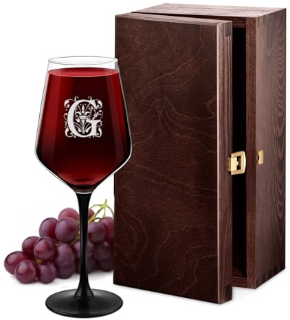 Maverton Calice da vino Rubino, 300 ml, incisione personalizzata | Con gambo nero, perfetto per vino secco e dolce, pensiero speciale per compleanno, unico per uomo, regalo di Natale, iniziale