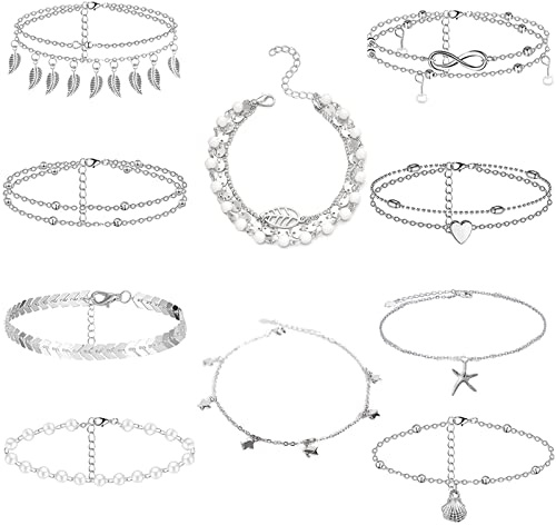 NMBCH Fußkettchen Set Silbrig Für Damen, 10 Boho Verstellbare Barfuß Strand Fußkettchen, Fußschmuck Set Für Frauen Mädchen