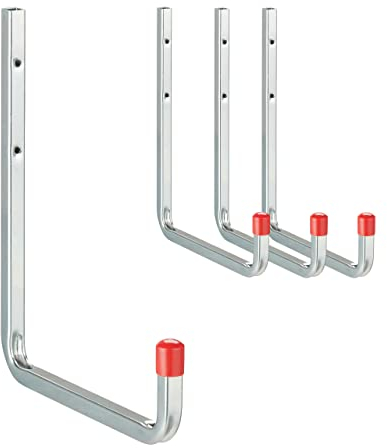 Relaxdays Wandhaken 4er Set, bis 40 kg, Stahl, Universalhaken für Garage, Werkstatt, Keller, Schwerlasthaken, Silber/rot