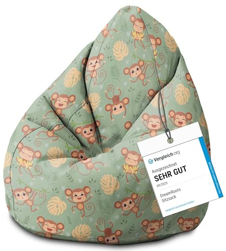 DreamRoots Sitzsack Kinder 70x70x105, Monkey on Jungle | Bean Bag Kinder mit Lehne, Hocker & Bezug, Sitzkissen Boden, Bubibag, mit Füllung, Kinderzimmer