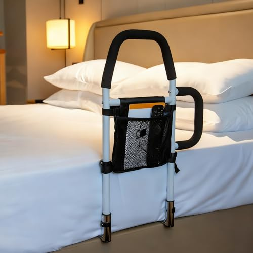 Ceither Bed Rail with Double Grab Bars & Storage Pocket Bed Rails for Elderly Adults for Elderly Handicap, Bed Assist Rail to Get In or Out of Bed Safely Assist Handrail Bar Fall Prevention