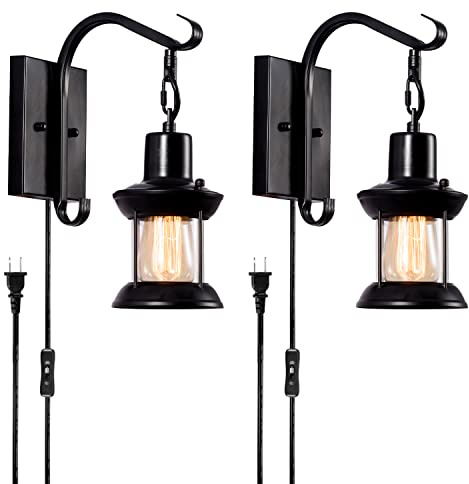 GLADFRESIT Rustic Wall Lamps, Lantern Wall Sconce Plug in Black Antique Wall Sconce Fixtures Farmhouse Interior Wall Lighting for Bedroom Bathroom Living Room Café (2 Pack)