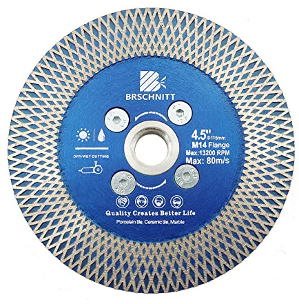 Diamant Trennscheibe 115mm - BRSCHNITT Diamantscheibe mit X Felgensegment für Hart Keramik Porzellan Fliesen Granit M14 Dorn.