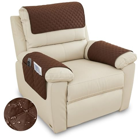 3Pcs Sofa Armrest Cover, Waterproof and Nonslip Armchair Covers for Arms Headrest, Sofa Slipcover with Side Pocket Abrasion Furniture Protector, Quilted Protector for Pets Leather Couch (Brown)