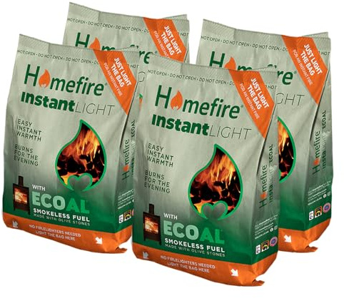 Homefire Instant Light Smokeless Ecoal Bag, for Open Fires and Multi-fuel Stoves, 3 kg (Pack of 4)