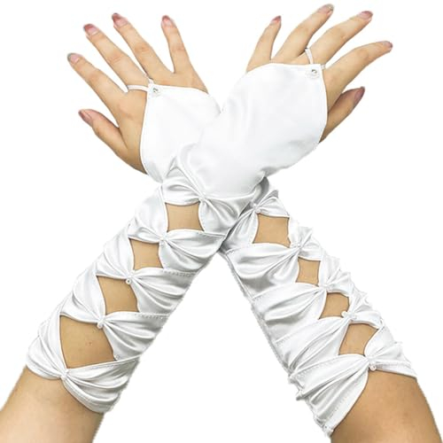 Generisch Einfarbige Satin-Brauthandschuhe, ausgehöhlt, elegant, rutschfest, formelle Armhandschuhe für Hochzeiten, Weiß19, One size