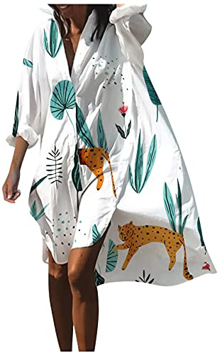 Strandbluse Damen Lang Boho Weiß Strandkleid Sommer Strandtunika Pareos Strankleider Strandmantel Sommerkleid Leicht Kurzarm Strandponcho Dünn Strandjacke Kimono Strand Cardigan Strandhemd Bade