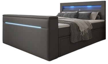 Boxspringbett Rinori 180x200 Doppelbett Polsterbett Bett mit TV Lift, USB, LED und Stauraum | Bezug: Kunstleder | Farbe: Grau | Härtegrad: H4 (100kg+)