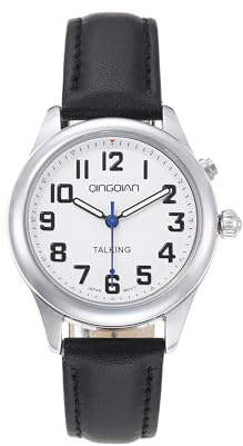 QINGQIAN Grande orologio parlante inglese per ipovedenti che parla chiaramente e forte, data e sveglia cinturino elasticizzato è il miglior regalo per anziani o non vedenti, Argento, Female
