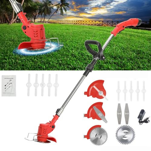 Cordless Grass Trimmer,Electric Weed Wacker with Battery＆Charger Cordless Handle String Trimmer 450w Portable Electric Lawn Trimmer Telescopic Rod Powered Weed Trimmer Brush Cutter for Garden (Red)