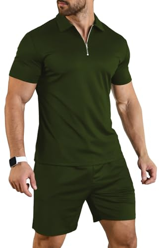 KUYIGO Conjunto de 2 piezas de camisa polo y pantalones cortos de verano para hombre, ropa de chándal de moda casual, Ejercito Verde, S