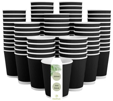 DeinPack 200 Riffelbecher schwarz 200 ml doppelwandig | to Go Pappbecher aus schwarzem Kraftkarton I Umweltfreundliche Kaffee Trinkbecher mit Hitzebarriere Bio