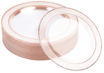 MATANA 40 Premium Plastik Dessertteller, Kleine Partyteller mit Roségoldrand, 19cm - Elegant, Stabil & Mehrweg - Hochzeiten, Geburtstage, Taufen, Weihnachten, Grillpartys, Partys