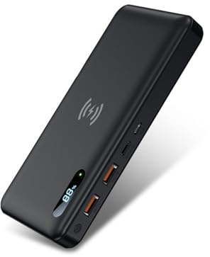 Wireless Power Bank 30000Mah PD 25W / 15W Caricabatterie portatile Ricarica rapida con 2 ingressi e 3 uscite (Qi e USB C) Batteria esterna per telefoni, tablet e altro, nero