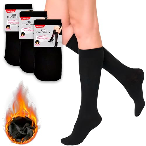 DIVABONNA 3 Pares Medias Térmicas hasta la Rodilla - Calcetines Térmicos Mujer Altos tipo Media con Suave Afelpado Interior - 480 DEN - Cálidas y Confortables
