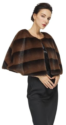 BEAUTELICATE Women Faux Fur Cape Coat Winter Wedding Bolero Cloak Luxury Warm Bridal Bridesmaids Shrug Capelet No Arm Hole Brown Stripe, L